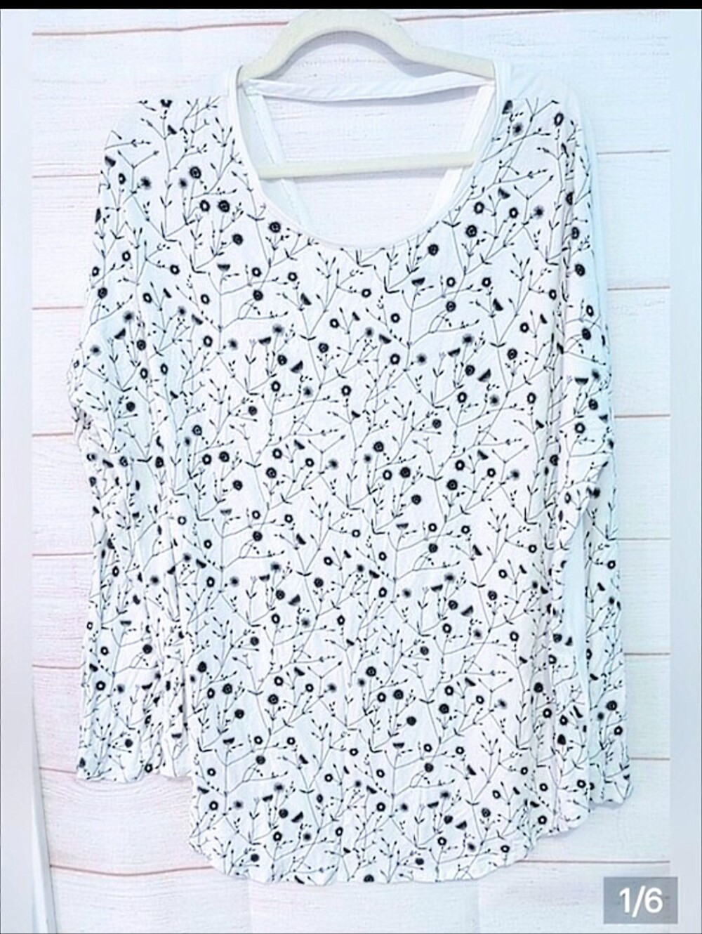 RW&CO. White Long-Sleeve Top with Black Floral Print And Blingy Accent In Back
